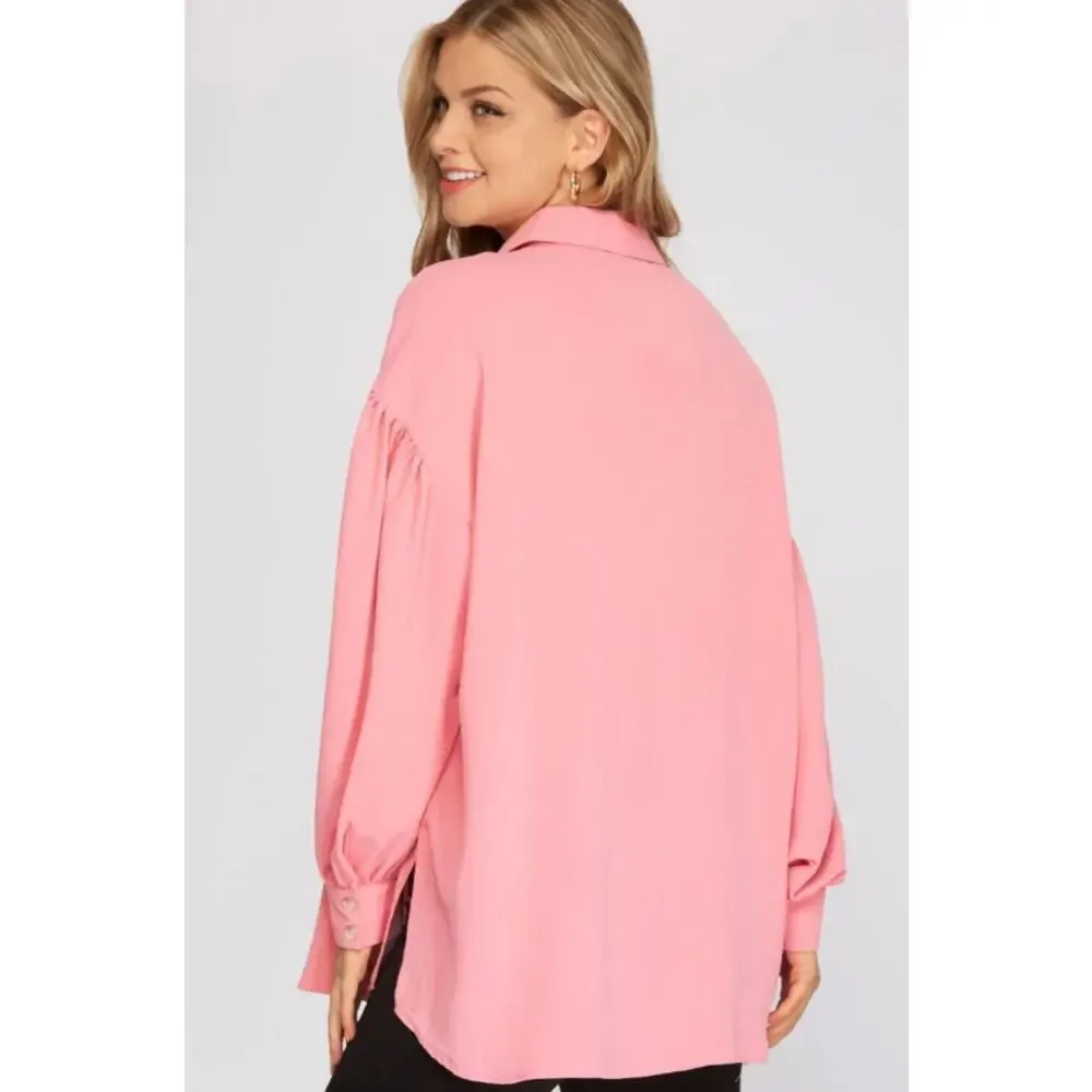 Rose Pink Button Down Blouse Balloon Sleeve Flowy Top Size Small - Picture 3 of 6